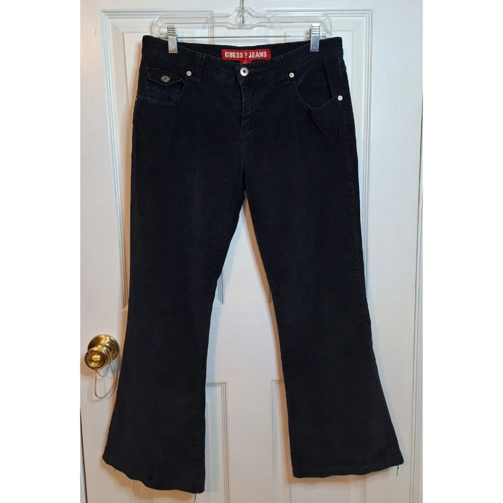 Guess Vintage Black Corduroy Mid Rise Flare Pants Y2K Grunge Streetwear Size 29